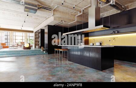 Loft moderne cuisine intérieur.le rendu 3D concept design Banque D'Images