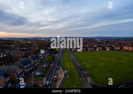 Vue aérienne de la célèbre région de Dividy Road à Bentilee, des zones pauvres et les plus rugueuses avec des logements de conseil Banque D'Images
