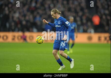 Stade de Londres, Londres, Royaume-Uni. 18 janvier 2020. Tom Davies d'Everton lors de la West Ham vs Everton, Premier League match au stade de Londres 18 Janvier 2020-USAGE ÉDITORIAL SEULEMENT Aucune utilisation non autorisée avec l'audio, vidéo, données, listes de luminaire (en dehors de l'UE), club ou la Ligue de logos ou services 'live'. En ligne De-match utilisation limitée à 45 images ( +15 en temps supplémentaire). Aucune utilisation d'émuler des images en mouvement. Aucune utilisation de pari, de jeux ou d'un club ou la ligue/dvd publications/services- Crédit : Martin Dalton/Alamy Live News Banque D'Images