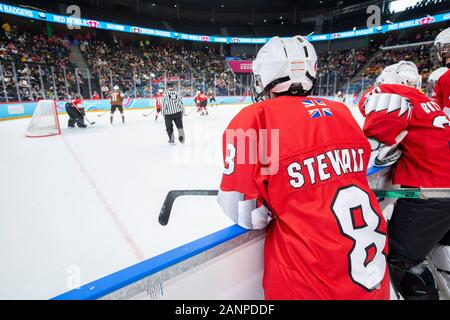 Mackenzie Stewart (15) de l'équipe GB durant les 3 demi-finales de hockey sur glace des hommes aux Jeux Olympiques de la Jeunesse de Lausanne 2020 les 14 janvier 2020. Banque D'Images