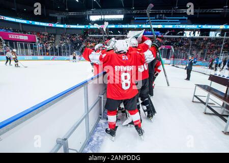 Mackenzie Stewart (15) de l'équipe GB durant les 3 demi-finales de hockey sur glace des hommes aux Jeux Olympiques de la Jeunesse de Lausanne 2020 les 14 janvier 2020. Banque D'Images