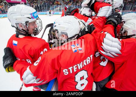 Mackenzie Stewart (15) de l'équipe GB durant les 3 demi-finales de hockey sur glace des hommes aux Jeux Olympiques de la Jeunesse de Lausanne 2020 les 14 janvier 2020. Banque D'Images