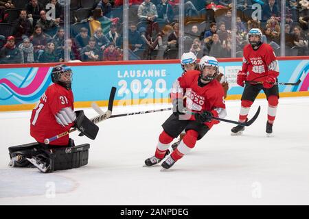 Mackenzie Stewart (15) de l'équipe GB durant les 3 demi-finales de hockey sur glace des hommes aux Jeux Olympiques de la Jeunesse de Lausanne 2020 les 14 janvier 2020. Banque D'Images