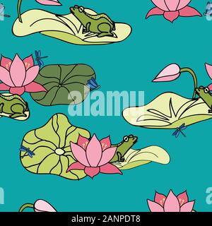 Une vie, ses grenouilles grenouille flottant sur lilypad parmi des fleurs de lotus, Lilys, vecteur seamless pattern design surface répéter Illustration de Vecteur