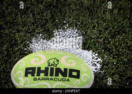 Vue rapprochée du Rhino Rugby ball sur le terrain de sport avec pelouse verte pendant un match de rugby Banque D'Images