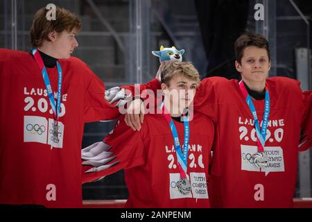 Mackenzie Stewart (15) de l'équipe GB remporte l'argent aux 3 finales de hockey sur glace masculin aux Jeux Olympiques de la Jeunesse de Lausanne 2020 le 15 janvier 2020 Banque D'Images