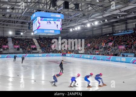 Team GB Mathew Gardner (17) en compétition pour le patinage de vitesse sur piste courte de 1 000 m pour les Jeux Olympiques de la Jeunesse de Lausanne 2020 les 18 janvier 2020 Banque D'Images