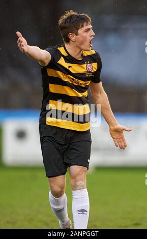 18 janvier 2020. Mackessack Park, Rothes, Moray, Ecosse, Royaume-Uni. C'est à partir de la Highland League Match de football entre Rothes FC et le Brora Rangers FC. Photo Contenu : 4- Broras Johnn Picles dans un cornichon - - Crédit - Jasperimage AlamyLiveNews / Banque D'Images