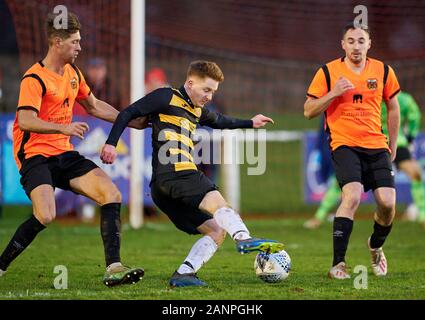 18 janvier 2020. Mackessack Park, Rothes, Moray, Ecosse, Royaume-Uni. C'est à partir de la Highland League Match de football entre Rothes FC et le Brora Rangers FC. Photo Contenu :- Centre, 10 Gâche Brora Andrew Macrae - Jasperimage AlamyLiveNews - CRÉDIT/ Banque D'Images