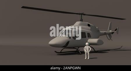Illustrateur 3d, rendu 3d du personnage blanc des pilotes et d'Hélicoptère Banque D'Images