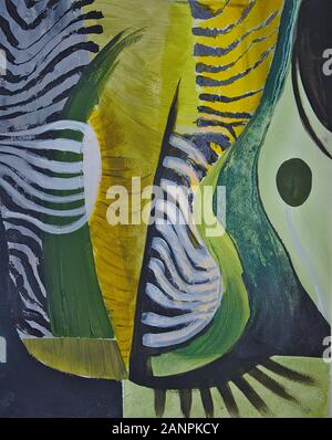 La peinture abstraite à l'acrylique avec les principales couleurs noir et blanc jaune vert Banque D'Images