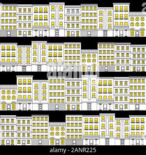 Patern tuile transparente cartoon houses panorama avec avec des routes, des fenêtres, des portes. Funny forfaitaire minime cityscape Illustration de Vecteur