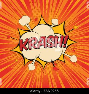 Krash Texte bulle de bande dessinée. Effet sonore bang icône nuage de mots couleur lettrage. Cartoon vector illustration sur fond rouge. Illustration de Vecteur