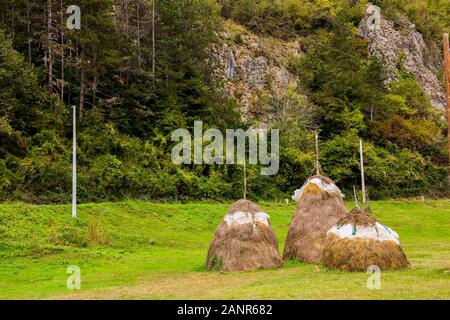 Meules couvertes par une feuille de plastique comme protection contre la pluie sur un domaine rural dans les montagnes. Beau paysage de campagne Banque D'Images