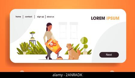 Woman feeding hungry labrador retriever girl giving son chien aliments secs en granulés vie domestique avec l'animal toute la longueur horizontale concept copy space vector illustration Illustration de Vecteur