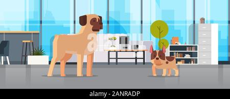 Carlin et Bulldog français se tenant ensemble les droits de l'ami home concept pet salon moderne Animaux dessin animé de l'intérieur toute la longueur horizontale vector illustration Illustration de Vecteur