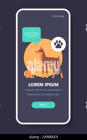 Doberman et Shiba Inu chiens les droits de l'ami animal site web ou boutique en ligne cartoon animal écran smartphone mobile app copy space vector illustration vertical Illustration de Vecteur