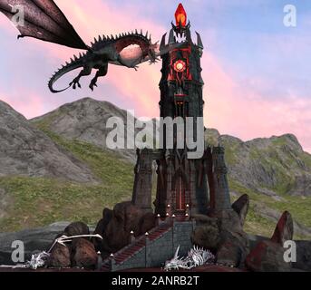Illustration 3D de Fantasy Dragon et Dark Tower Banque D'Images