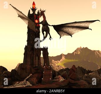 Illustration 3D de Fantasy Dragon et Dark Tower Banque D'Images