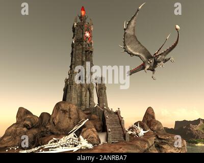 Illustration 3D de Fantasy Dragon et Dark Tower Banque D'Images
