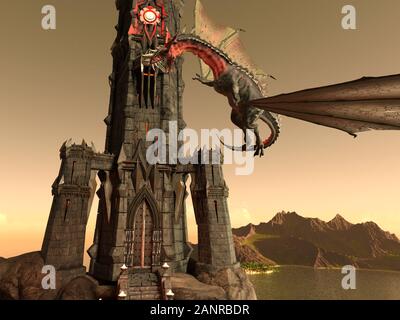 Illustration 3D de Fantasy Dragon et Dark Tower Banque D'Images