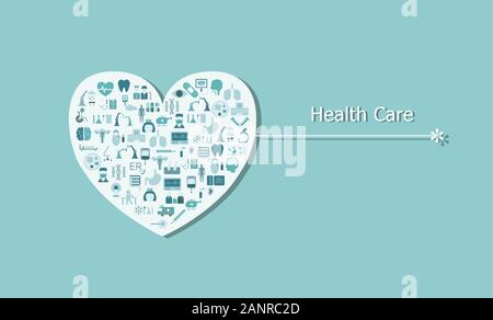 Concept de soins de santé avec des icônes sur forme de coeur modèle plat vector illustration Illustration de Vecteur