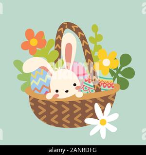 Mignon lapin de Pâques dans un panier avec des œufs et des fleurs Illustration de Vecteur
