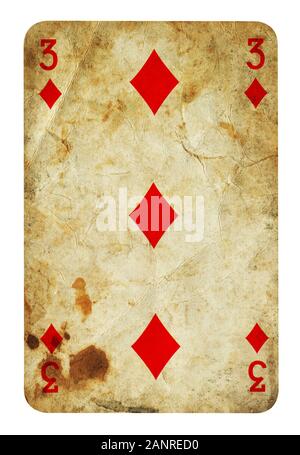 Trois de Diamond Vintage playing card - isolated on white (chemin inclus) Banque D'Images