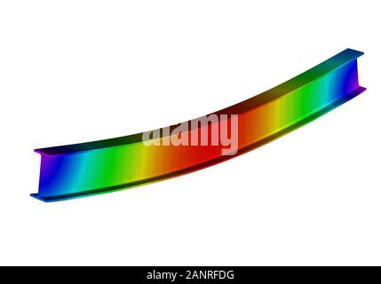 Une flexion simple des poutres en I prise en charge. Vue tridimensionnelle de la déformation du maillage et tracé des déflexions à partir de l'analyse par éléments finis sur le fond blanc Banque D'Images