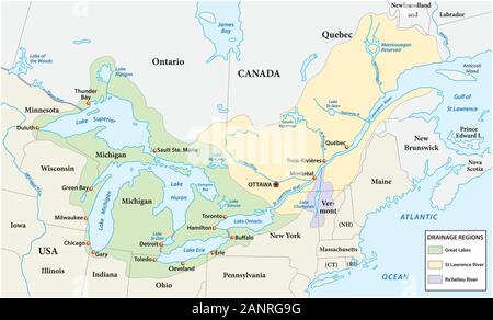 La carte des grands lacs et le fleuve saint-laurent aregions drainage Illustration de Vecteur