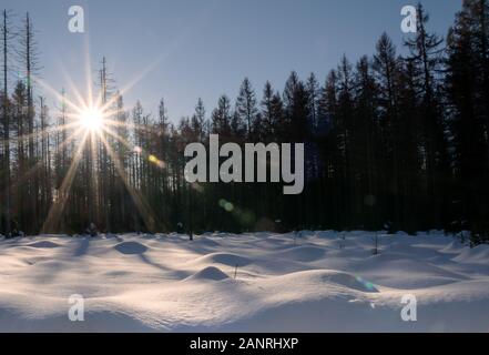 Repos près de la ville allemande Braunlage en hiver avec lensflare Banque D'Images