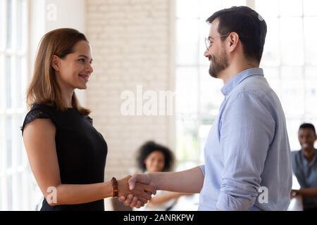 Confident businesswoman and businessman shaking hands at meeting Banque D'Images