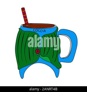 Mug avec boisson d'hiver, le cacao isolé sur fond blanc. Bol vert avec boisson chaude, lait, chocolat, café. Tasse décorée de chandail. Vector Illustration de Vecteur
