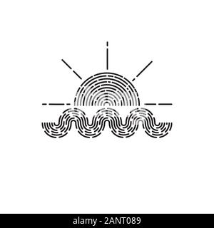 Mer et Soleil, billet d'ogo, sun et l'icône de l'onde, coucher du soleil signe vecteur noir Illustration de Vecteur