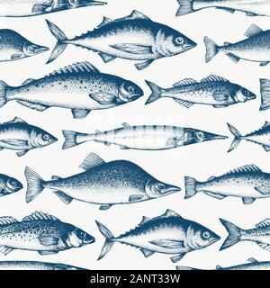 Modèle logique du poisson. Vector illustration poissons dessinés à la main. Style gravé. Retro différentes sortes de poisson de fond. Illustration de Vecteur