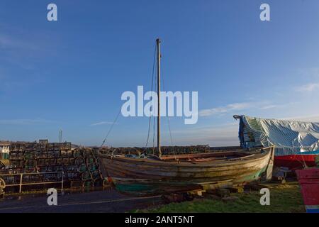 Un vieux bateau de pêche en bois avec voile, garé sur le quai à côté de la batterie de la nasse, dans le village de pêcheurs de Johnshaven. Banque D'Images