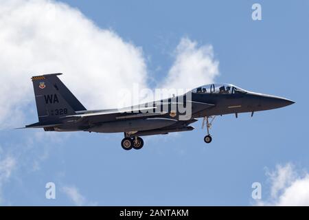 United States Air Force (USAF) McDonnell Douglas F-15E Strike Eagle (91-0328) à partir de la 57e escadres basées à Nellis Air Force Base. Banque D'Images