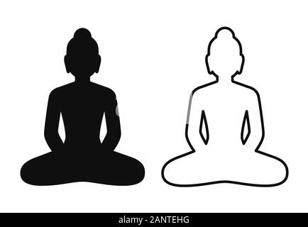 Icône simple et minimal de statue de Bouddha assis en lotus. Silhouette en noir et blanc et de dessins au dessin, symbole vecteur isolé. Une pleine conscience Illustration de Vecteur