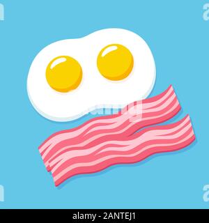 Caricature d'œufs au plat et du bacon sur fond bleu. Un petit-déjeuner traditionnel vector clip art illustration. Illustration de Vecteur