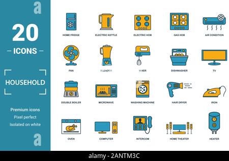 Ménage icon set. Inclure des éléments créatifs accueil d''un réfrigérateur, plaque électrique, ventilateur, lave-vaisselle, bain-marie d'icônes. Peut être utilisé pour rapport, présentation Illustration de Vecteur