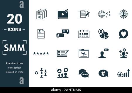 Smm icon set. Inclure des éléments de création, rédaction de contenu, l'information de l'utilisateur, la planification budgétaire, des hauts et des icônes de classification. Peut être utilisé pour rapport Illustration de Vecteur