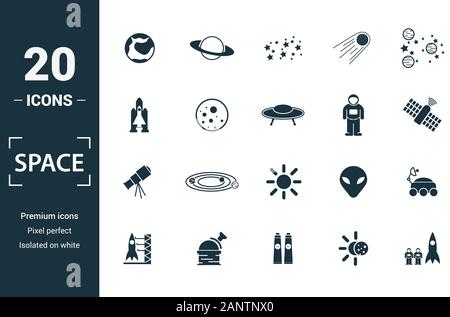 L'icône de l'espace défini. Inclure des éléments créatifs planète terre, étoiles, vaisseau spatial, télescope spacemen, icônes. Peut être utilisé pour rapport, présentation, schéma Illustration de Vecteur