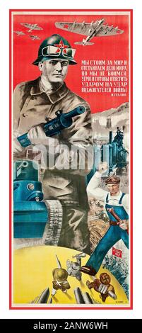 Vintage 1930 Soviet Propaganda affiche "NOUS SOMMES POUR LA PAIX" lithographie en couleur, illustrant la puissance industrielle et militaire avec un ennemi en avance, un port de casque swastika 1934 par Gustav Klutsis Banque D'Images