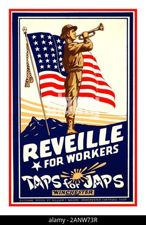 Vintage WW2 affiche de propagande américaine 1942 ' Le réveil des travailleurs à l' 'robinets pour Jap' parrainé par les cartouches de fusil Winchester USA Seconde Guerre mondiale Seconde Guerre mondiale Bugle drapeau Américain Banque D'Images