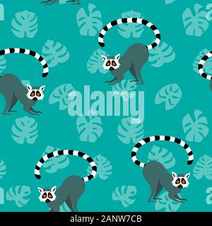 Modèle sans couture avec mignon lémuriens sur fond vert avec des feuilles de monstera. Imprimer tropical avec des animaux exotiques. Télévision vector illustration. Illustration de Vecteur