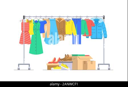 Concept de don de tissu. Les hommes et les femmes sur le crochet de suspension vêtements rack. Des boîtes à chaussures et les choses différentes. Lignes de télévision vector illustration. La charité vo Illustration de Vecteur