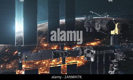 ISS avec panneau solaire rotation sur l'atmosphère de la Terre. Close up Station Spatiale Internationale contre éclairé réaliste continent. Lever du soleil sur les toits du monde. L'animation 3D. Éléments de media fourni par la NASA Banque D'Images