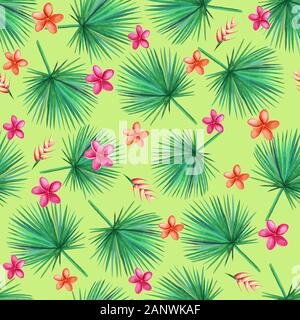 Aquarelle de green palm feuilles sur fond vert. Orchid, Plumeria, Heliconia Fleurs. Modèle sans couture. Illustration à la main. Banque D'Images