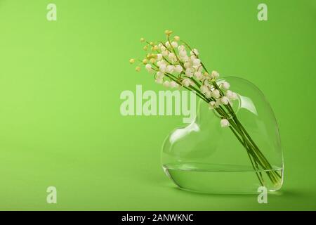 Close up bouquet de lis de la vallée des fleurs de printemps en verre transparent en forme de coeur sur fond vert vase with copy space, low angle vi Banque D'Images