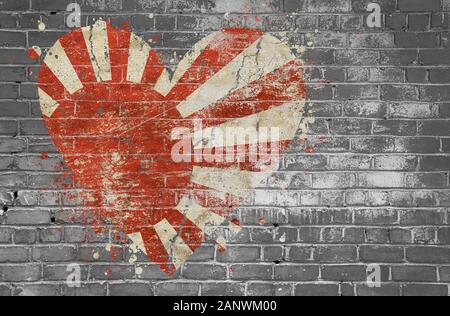 Heqart distressed grunge drapeau en forme du Japon peint sur old weathered gray brick wall Banque D'Images